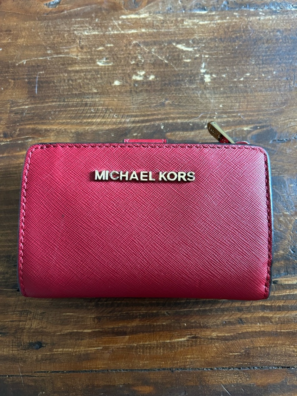 Michael Kors Red Saffiano Leather Clutch Wallet with Gold Logo